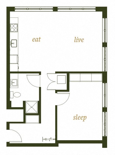 Floor plan for 1 bed, 1 bath, 762 sqft